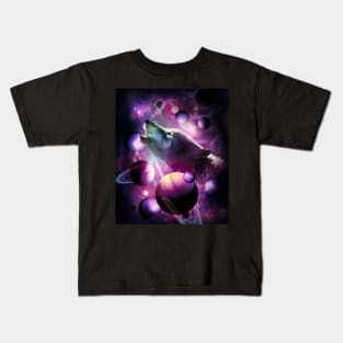 Cosmic Wolf Howling At Moon In Space Kids T-Shirt